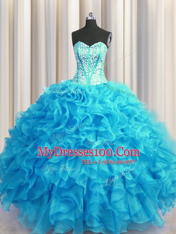 Beauteous Visible Boning Bling-bling Organza Sweetheart Sleeveless Lace Up Beading and Ruffles Quinceanera Dress in Baby Blue