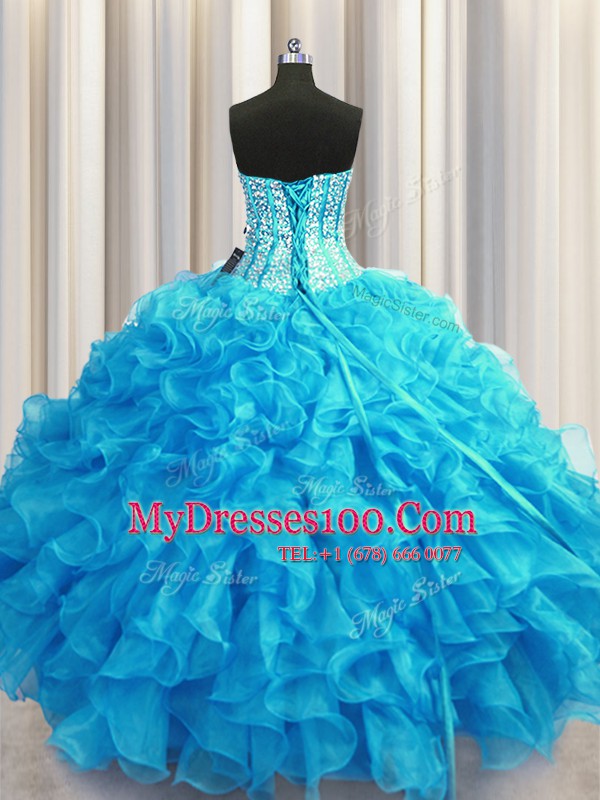 Beauteous Visible Boning Bling-bling Organza Sweetheart Sleeveless Lace Up Beading and Ruffles Quinceanera Dress in Baby Blue