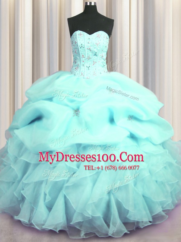 Hot Selling Visible Boning Aqua Blue Organza Lace Up Quinceanera Gown Sleeveless Floor Length Beading and Ruffles and Pick Ups