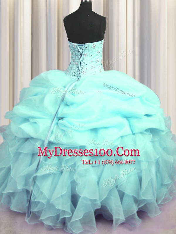 Hot Selling Visible Boning Aqua Blue Organza Lace Up Quinceanera Gown Sleeveless Floor Length Beading and Ruffles and Pick Ups