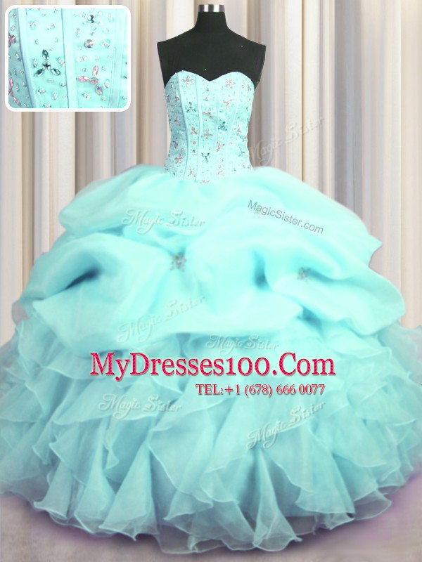 Hot Selling Visible Boning Aqua Blue Organza Lace Up Quinceanera Gown Sleeveless Floor Length Beading and Ruffles and Pick Ups