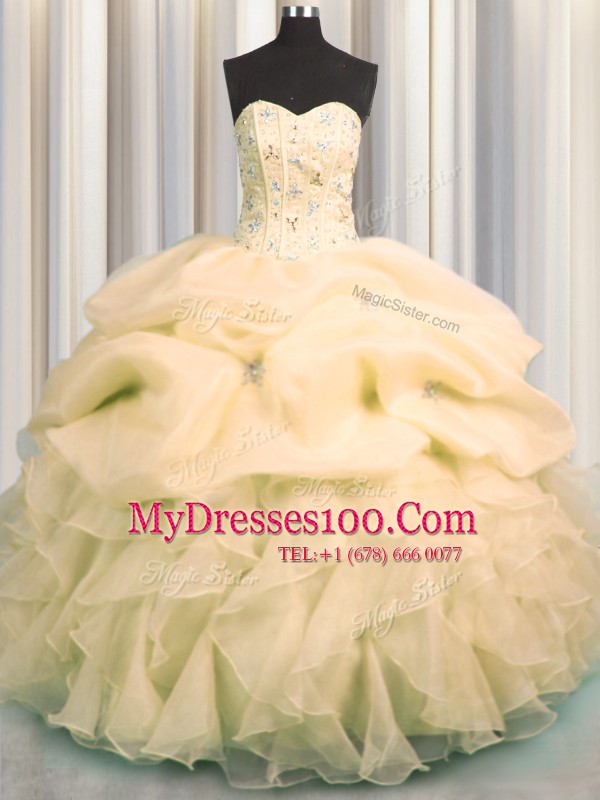 Visible Boning Organza Sweetheart Sleeveless Lace Up Beading and Ruffles and Pick Ups 15 Quinceanera Dress in Peach