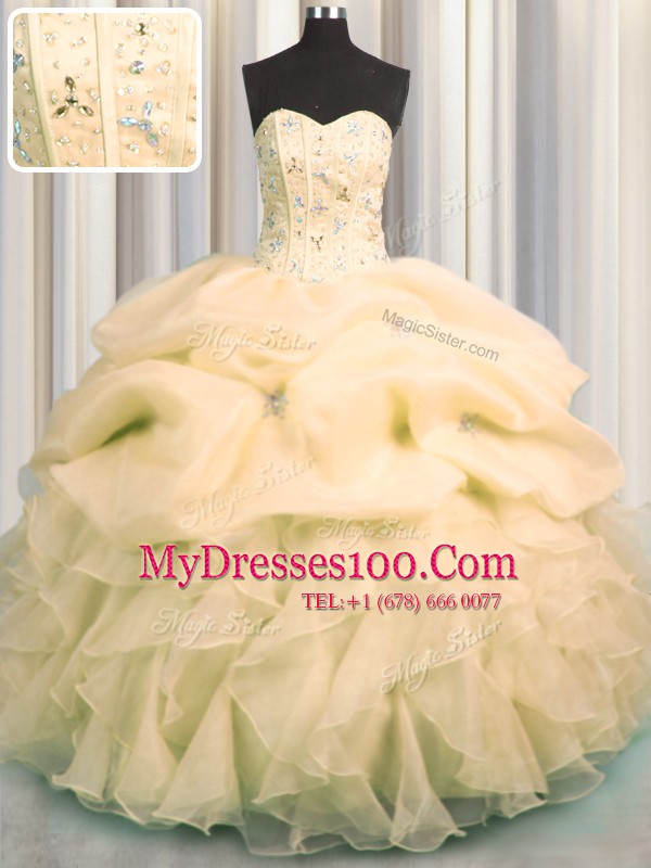 Visible Boning Organza Sweetheart Sleeveless Lace Up Beading and Ruffles and Pick Ups 15 Quinceanera Dress in Peach