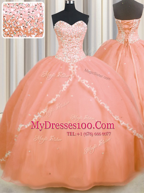 Modest Peach Sleeveless Brush Train Beading and Appliques With Train Quinceanera Dresses