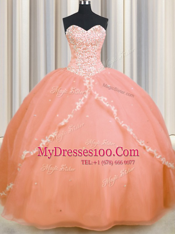 Modest Peach Sleeveless Brush Train Beading and Appliques With Train Quinceanera Dresses