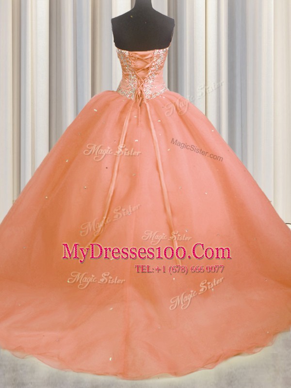 Modest Peach Sleeveless Brush Train Beading and Appliques With Train Quinceanera Dresses