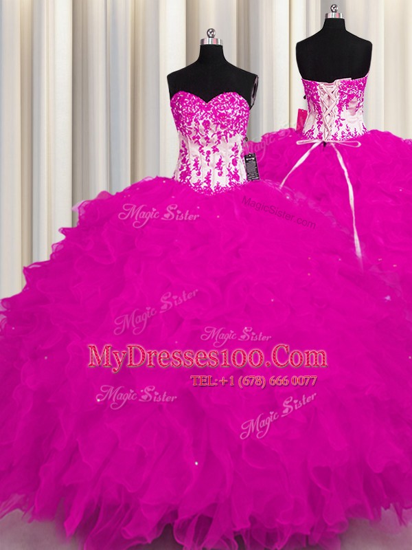 Fuchsia Ball Gowns Organza Sweetheart Sleeveless Appliques Floor Length Lace Up Quince Ball Gowns