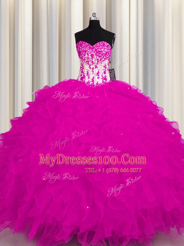Fuchsia Ball Gowns Organza Sweetheart Sleeveless Appliques Floor Length Lace Up Quince Ball Gowns