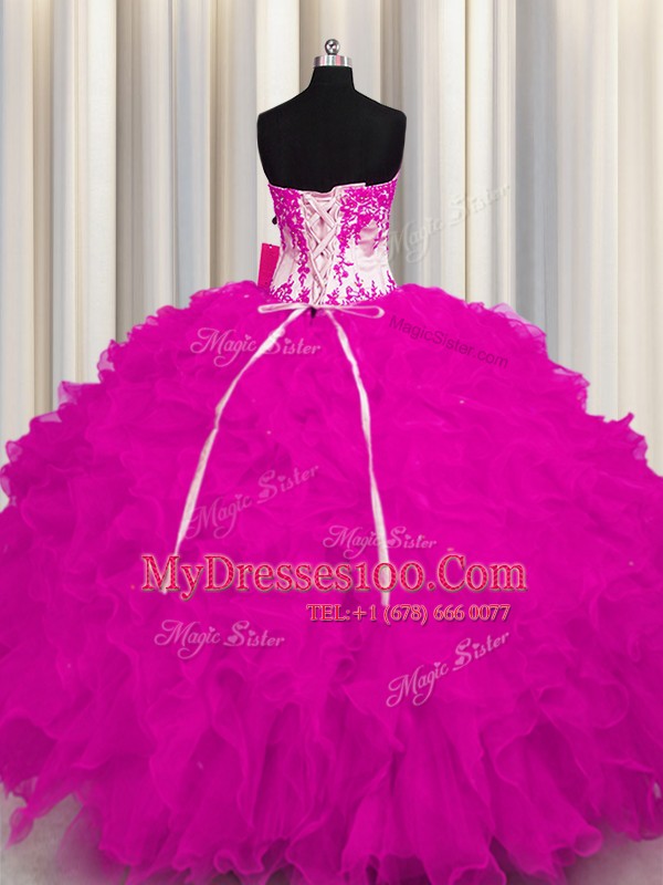 Fuchsia Ball Gowns Organza Sweetheart Sleeveless Appliques Floor Length Lace Up Quince Ball Gowns