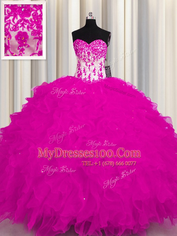 Fuchsia Ball Gowns Organza Sweetheart Sleeveless Appliques Floor Length Lace Up Quince Ball Gowns