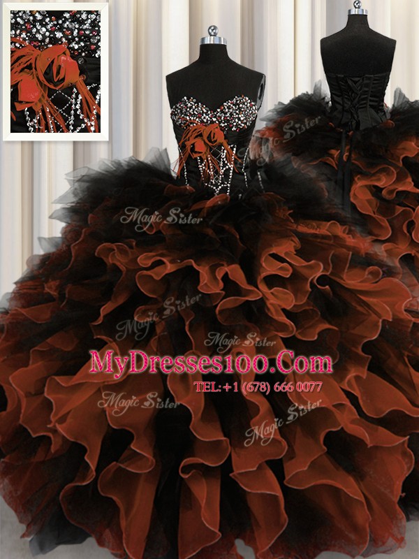Vintage Red And Black Sweetheart Neckline Beading and Ruffles Sweet 16 Dresses Sleeveless Lace Up