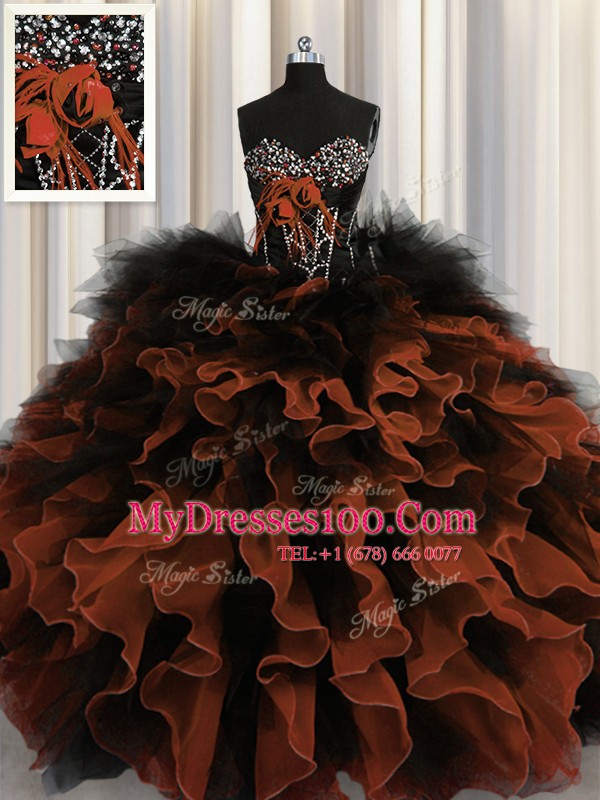 Vintage Red And Black Sweetheart Neckline Beading and Ruffles Sweet 16 Dresses Sleeveless Lace Up