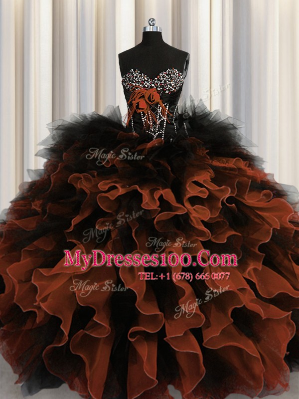 Vintage Red And Black Sweetheart Neckline Beading and Ruffles Sweet 16 Dresses Sleeveless Lace Up