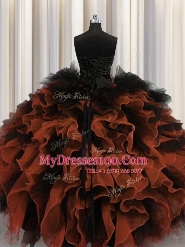 Vintage Red And Black Sweetheart Neckline Beading and Ruffles Sweet 16 Dresses Sleeveless Lace Up