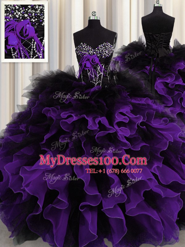 Black And Purple Sleeveless Beading and Ruffles Floor Length 15th Birthday Dress