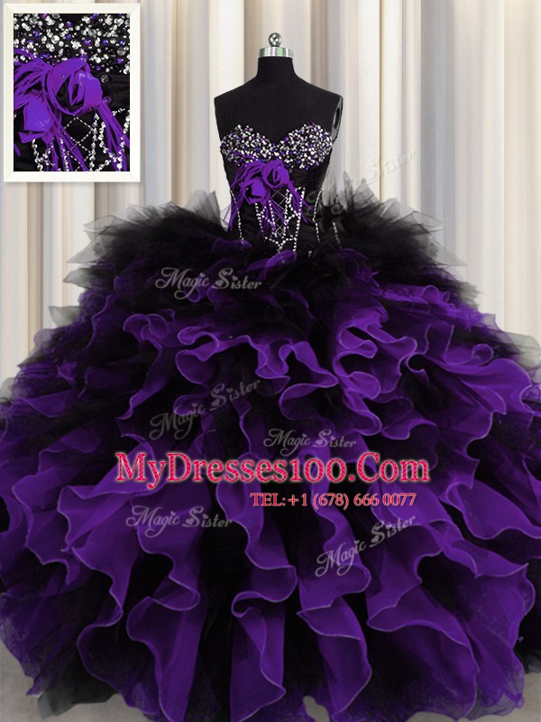 Black And Purple Sleeveless Beading and Ruffles Floor Length 15th Birthday Dress