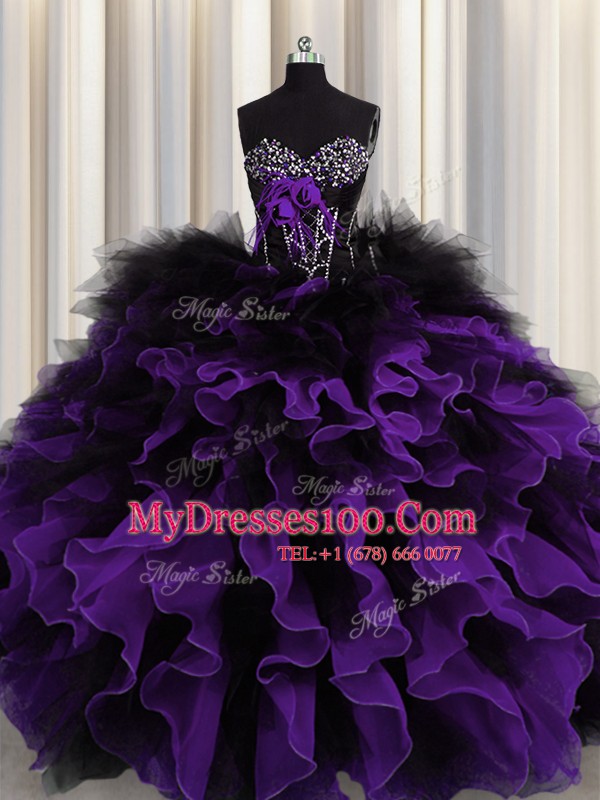 Black And Purple Sleeveless Beading and Ruffles Floor Length 15th Birthday Dress