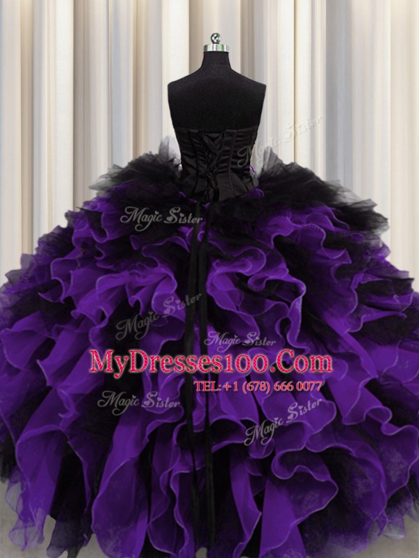 Black And Purple Sleeveless Beading and Ruffles Floor Length 15th Birthday Dress