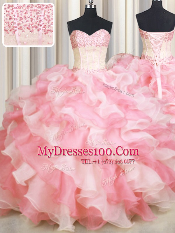 Exceptional Visible Boning Two Tone Pink And White Sleeveless Organza Lace Up Ball Gown Prom Dress for Military Ball and Sweet 16 and Quinceanera