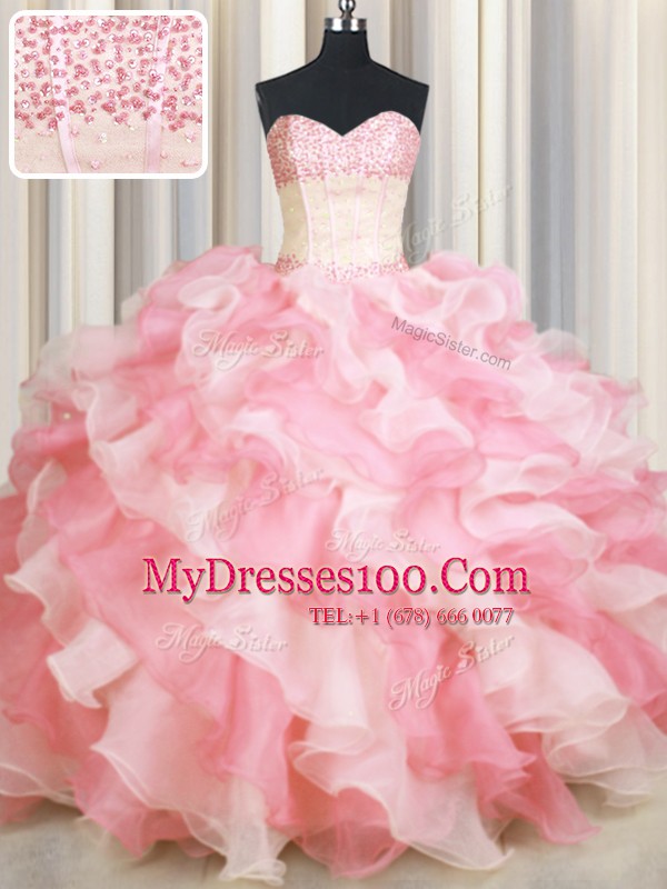 Exceptional Visible Boning Two Tone Pink And White Sleeveless Organza Lace Up Ball Gown Prom Dress for Military Ball and Sweet 16 and Quinceanera