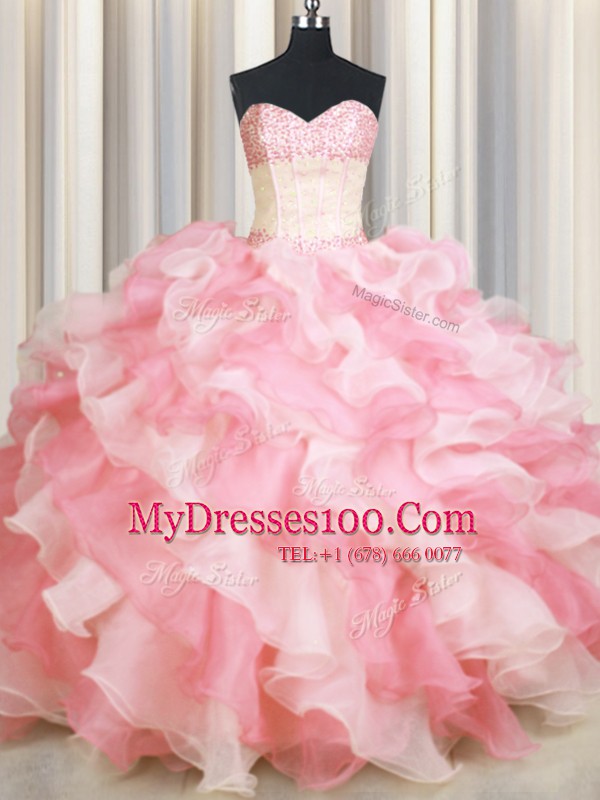 Exceptional Visible Boning Two Tone Pink And White Sleeveless Organza Lace Up Ball Gown Prom Dress for Military Ball and Sweet 16 and Quinceanera
