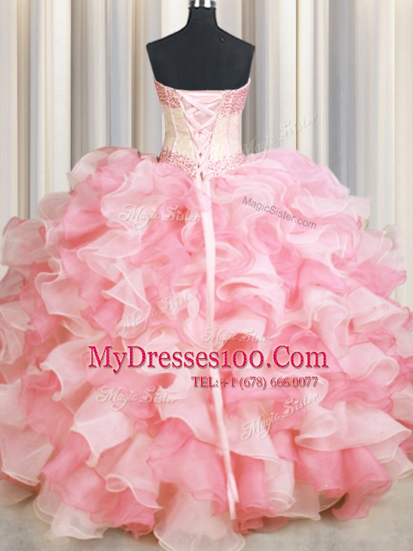 Exceptional Visible Boning Two Tone Pink And White Sleeveless Organza Lace Up Ball Gown Prom Dress for Military Ball and Sweet 16 and Quinceanera