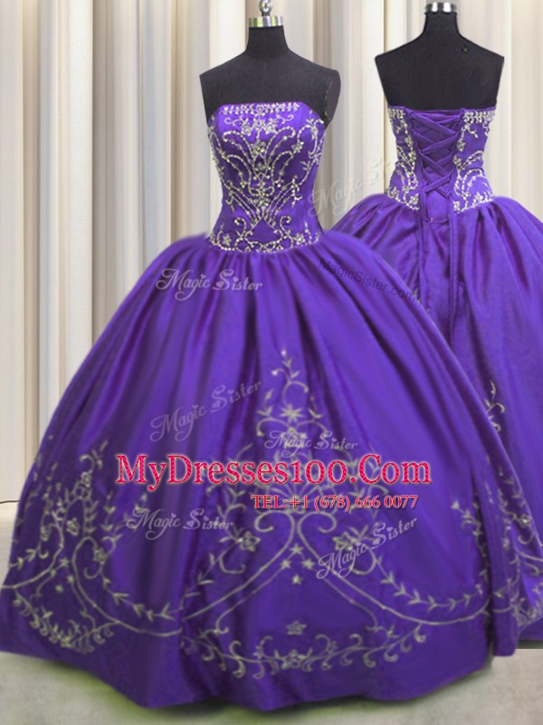 Enchanting Purple Ball Gowns Strapless Sleeveless Taffeta Floor Length Lace Up Beading and Embroidery Quince Ball Gowns