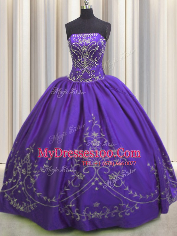 Enchanting Purple Ball Gowns Strapless Sleeveless Taffeta Floor Length Lace Up Beading and Embroidery Quince Ball Gowns