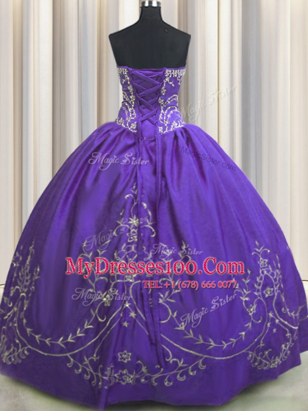 Enchanting Purple Ball Gowns Strapless Sleeveless Taffeta Floor Length Lace Up Beading and Embroidery Quince Ball Gowns