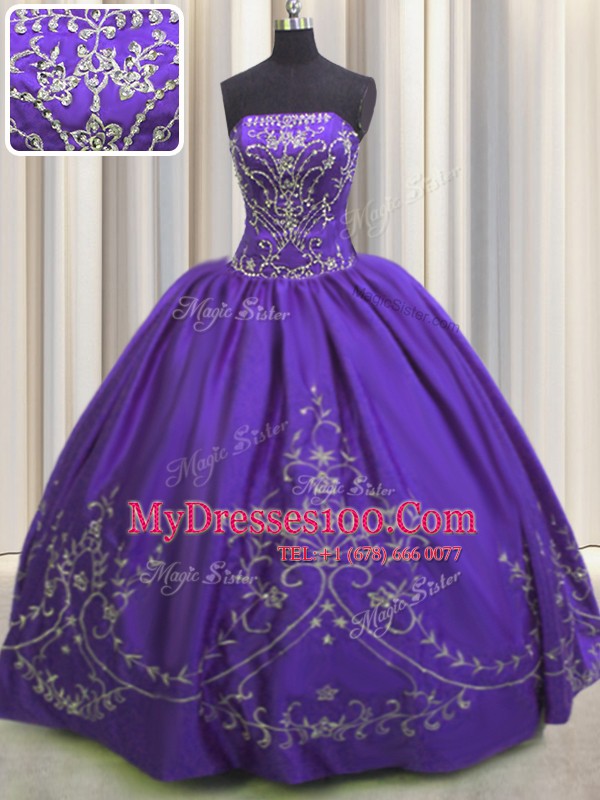 Enchanting Purple Ball Gowns Strapless Sleeveless Taffeta Floor Length Lace Up Beading and Embroidery Quince Ball Gowns
