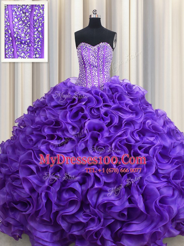 Artistic Visible Boning Purple Sleeveless Floor Length Beading and Ruffles Lace Up 15 Quinceanera Dress