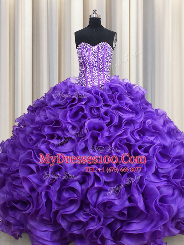 Artistic Visible Boning Purple Sleeveless Floor Length Beading and Ruffles Lace Up 15 Quinceanera Dress