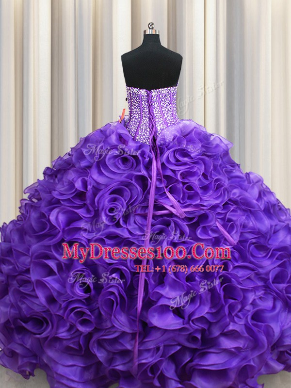 Artistic Visible Boning Purple Sleeveless Floor Length Beading and Ruffles Lace Up 15 Quinceanera Dress