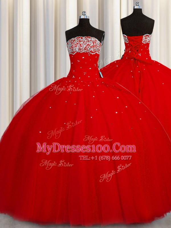 Custom Fit Puffy Skirt Beading and Sequins Quinceanera Dresses Red Lace Up Sleeveless Floor Length