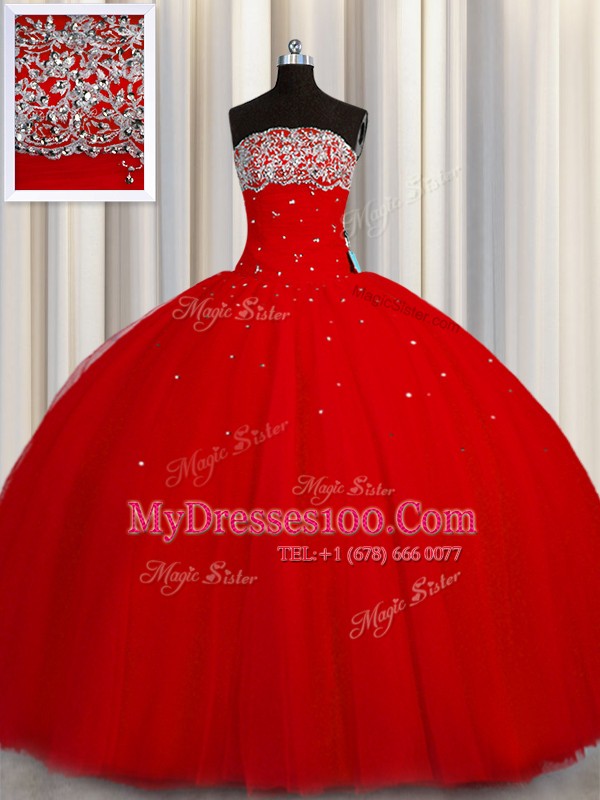 Custom Fit Puffy Skirt Beading and Sequins Quinceanera Dresses Red Lace Up Sleeveless Floor Length
