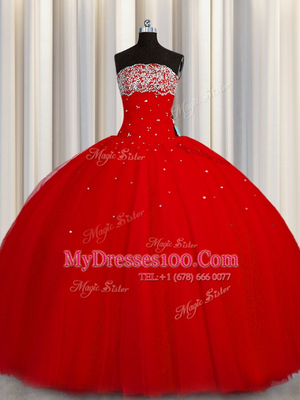 Custom Fit Puffy Skirt Beading and Sequins Quinceanera Dresses Red Lace Up Sleeveless Floor Length