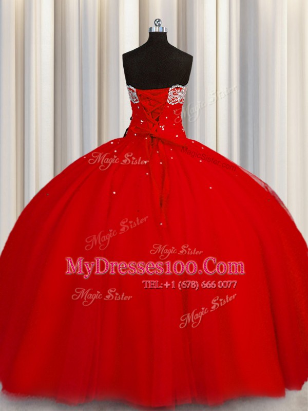 Custom Fit Puffy Skirt Beading and Sequins Quinceanera Dresses Red Lace Up Sleeveless Floor Length