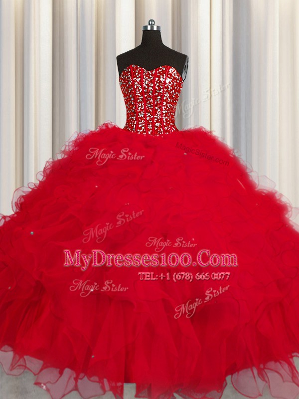 Edgy Visible Boning Floor Length Lace Up Quinceanera Dress Red for Military Ball and Sweet 16 and Quinceanera with Beading and Ruffles and Sequins