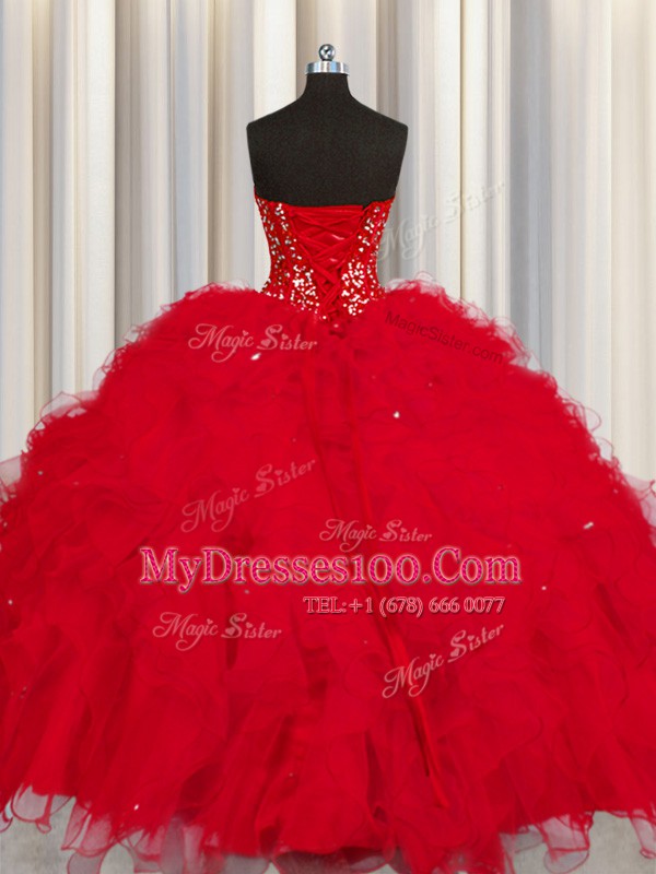 Edgy Visible Boning Floor Length Lace Up Quinceanera Dress Red for Military Ball and Sweet 16 and Quinceanera with Beading and Ruffles and Sequins