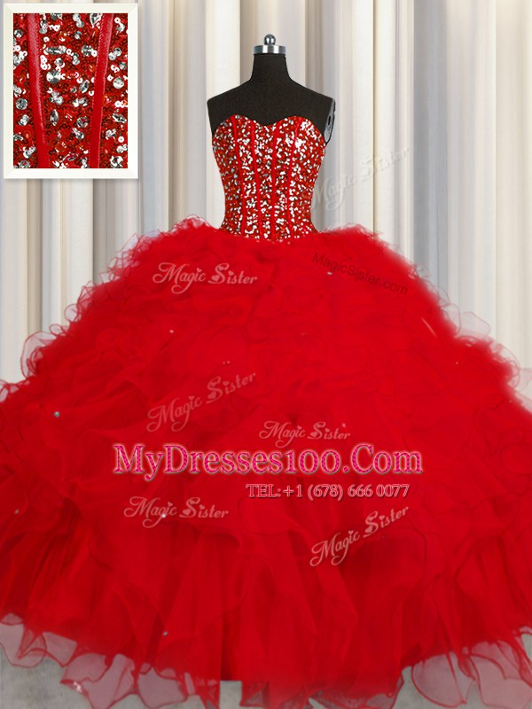 Visible Boning Sweetheart Sleeveless Tulle Ball Gown Prom Dress Beading and Ruffles and Sequins Lace Up