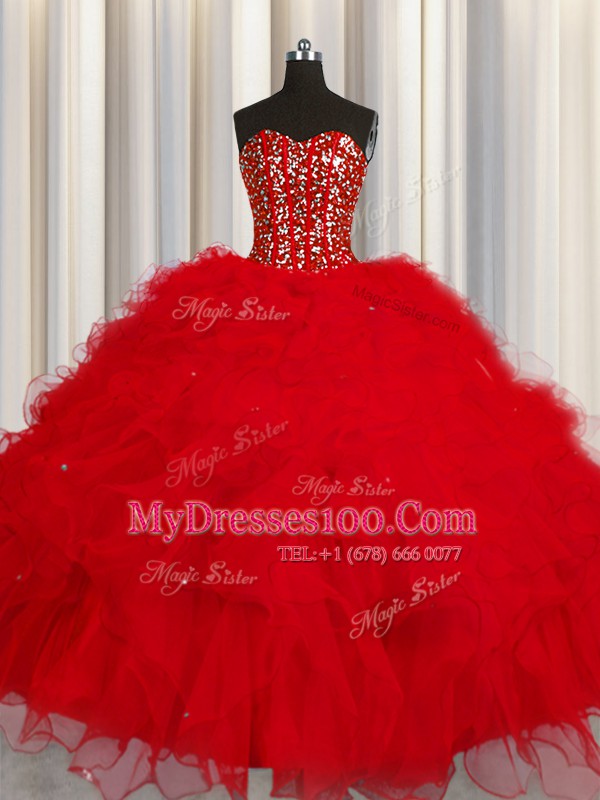 Visible Boning Sweetheart Sleeveless Tulle Ball Gown Prom Dress Beading and Ruffles and Sequins Lace Up