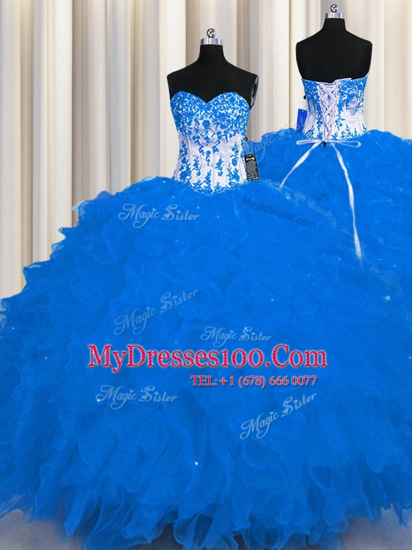 Sleeveless Lace Up Floor Length Appliques and Ruffles Quinceanera Gowns