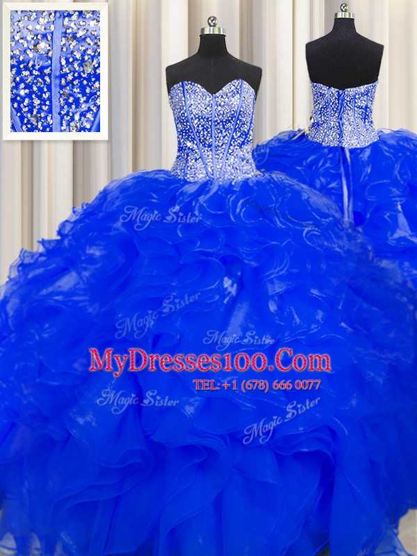 Customized Visible Boning Beaded Bodice Beading and Ruffles Quinceanera Dresses Royal Blue Lace Up Sleeveless Floor Length