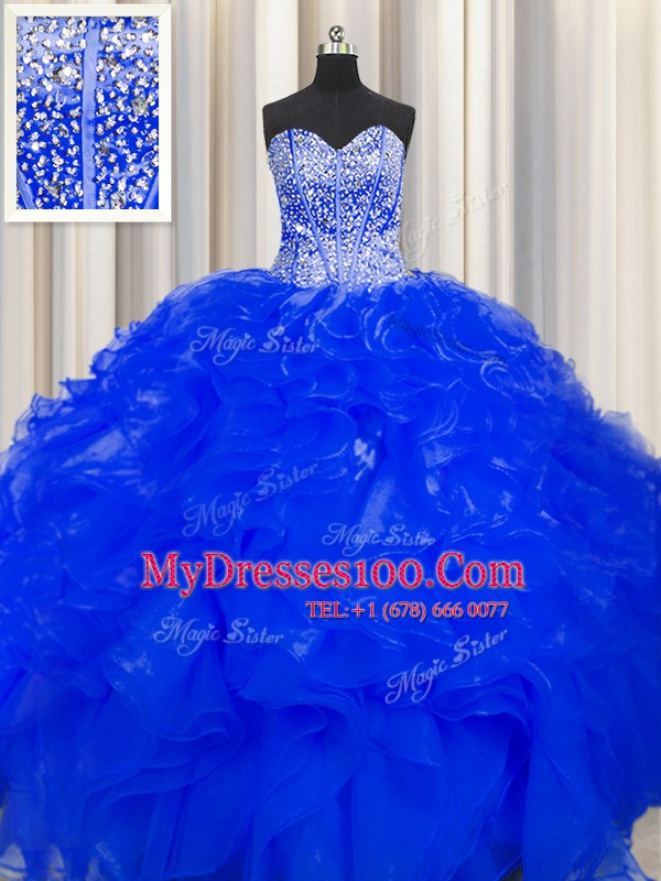 Customized Visible Boning Beaded Bodice Beading and Ruffles Quinceanera Dresses Royal Blue Lace Up Sleeveless Floor Length
