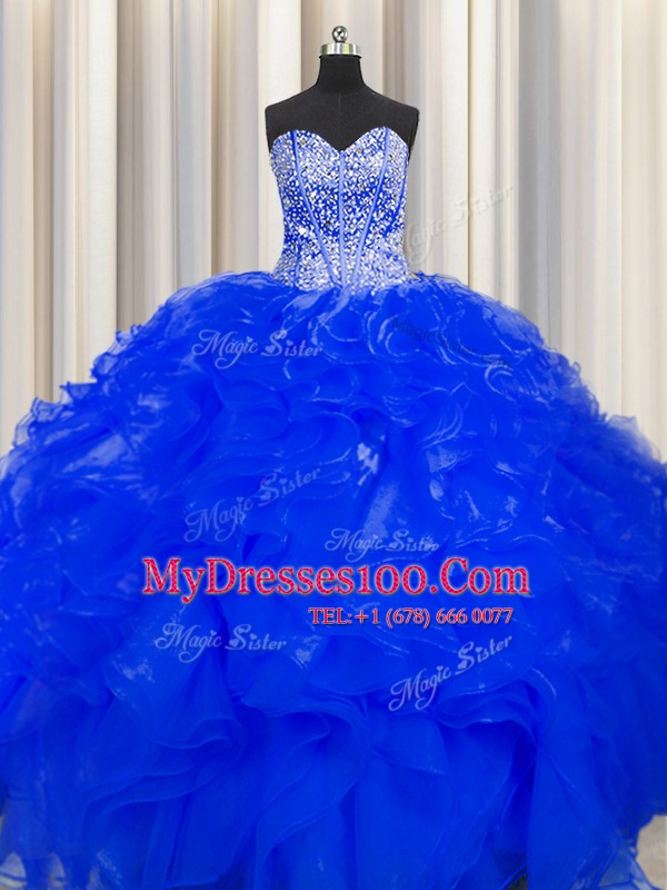 Customized Visible Boning Beaded Bodice Beading and Ruffles Quinceanera Dresses Royal Blue Lace Up Sleeveless Floor Length