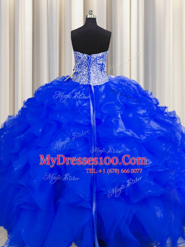 Customized Visible Boning Beaded Bodice Beading and Ruffles Quinceanera Dresses Royal Blue Lace Up Sleeveless Floor Length