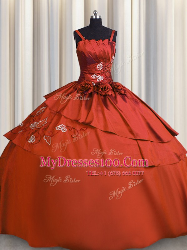 Delicate Rust Red Ball Gowns Spaghetti Straps Sleeveless Satin Floor Length Lace Up Beading and Embroidery Vestidos de Quinceanera