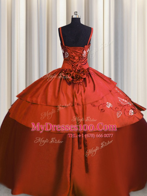 Delicate Rust Red Ball Gowns Spaghetti Straps Sleeveless Satin Floor Length Lace Up Beading and Embroidery Vestidos de Quinceanera