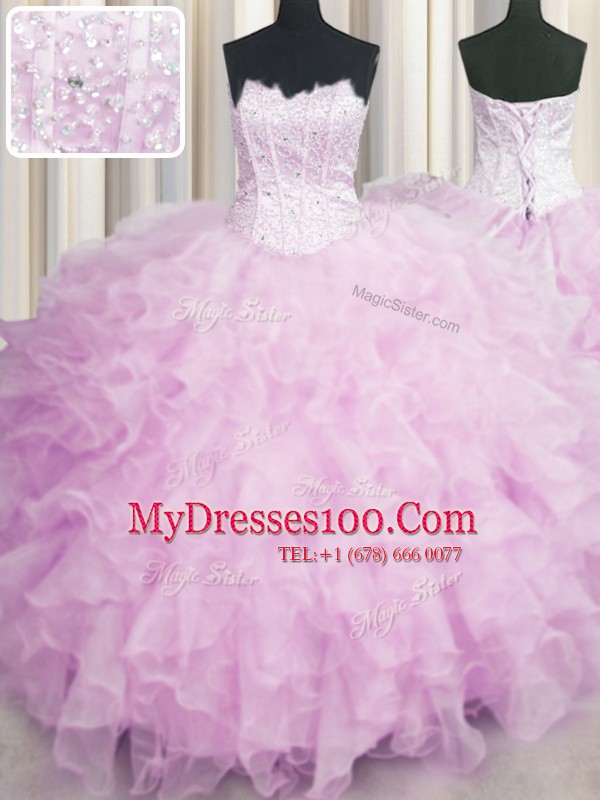 Visible Boning Scalloped Pink Sleeveless Beading and Ruffles Floor Length 15th Birthday Dress