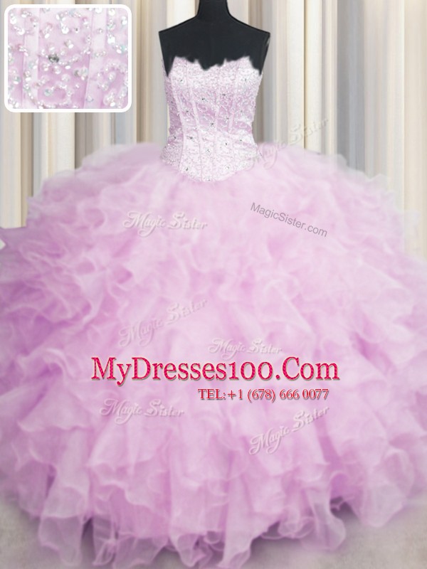 Visible Boning Scalloped Pink Sleeveless Beading and Ruffles Floor Length 15th Birthday Dress
